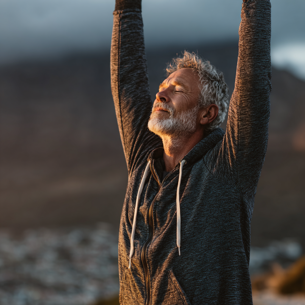 Mature man in his late 40s practicing yoga in mountain pose outdoors, standing tall with arms raised above head, peaceful expression, wearing casual yoga clothes, natural lighting with mountains in background