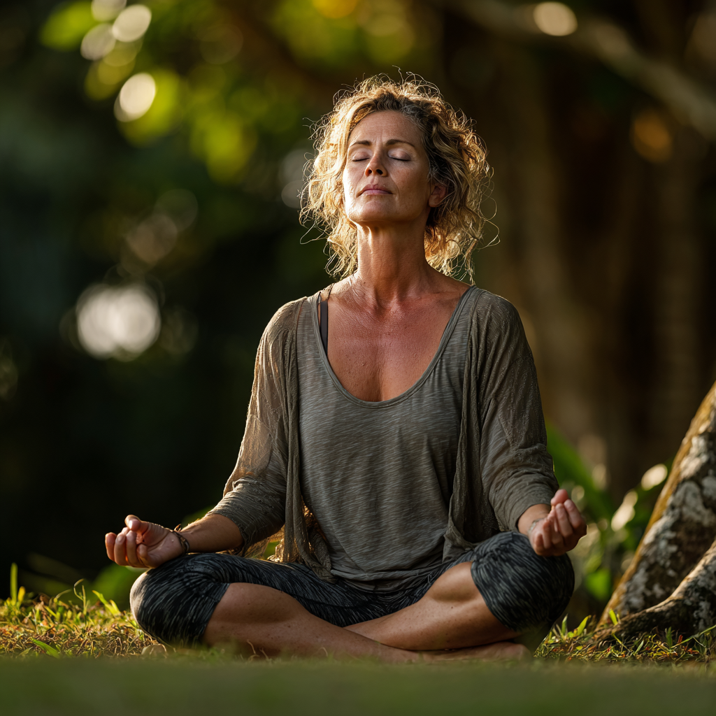Peaceful middle-aged woman in her early 50s practicing yoga meditation pose outdoors in serene natural setting, sitting cross-legged with eyes closed, wearing comfortable yoga attire, surrounded by greenery